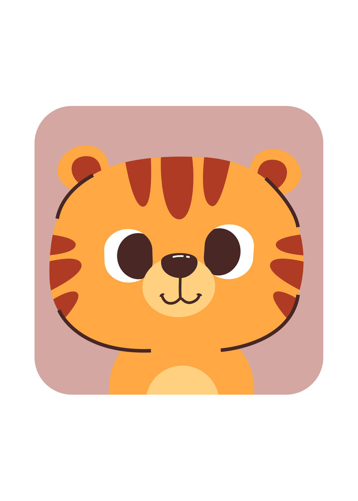 Wadi Home cartoon tiger cub nursery wall art, orange and brown with cute face, perfect for jungle theme decor.