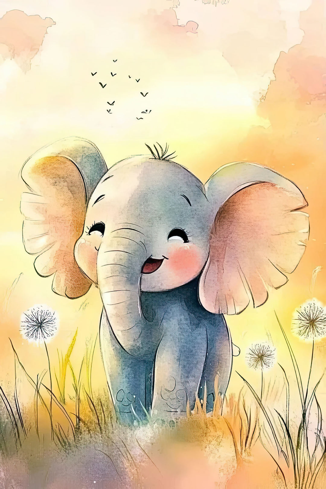 Wadi Home watercolor art print of a happy baby elephant in a field of dandelions with soft yellow and orange sky.