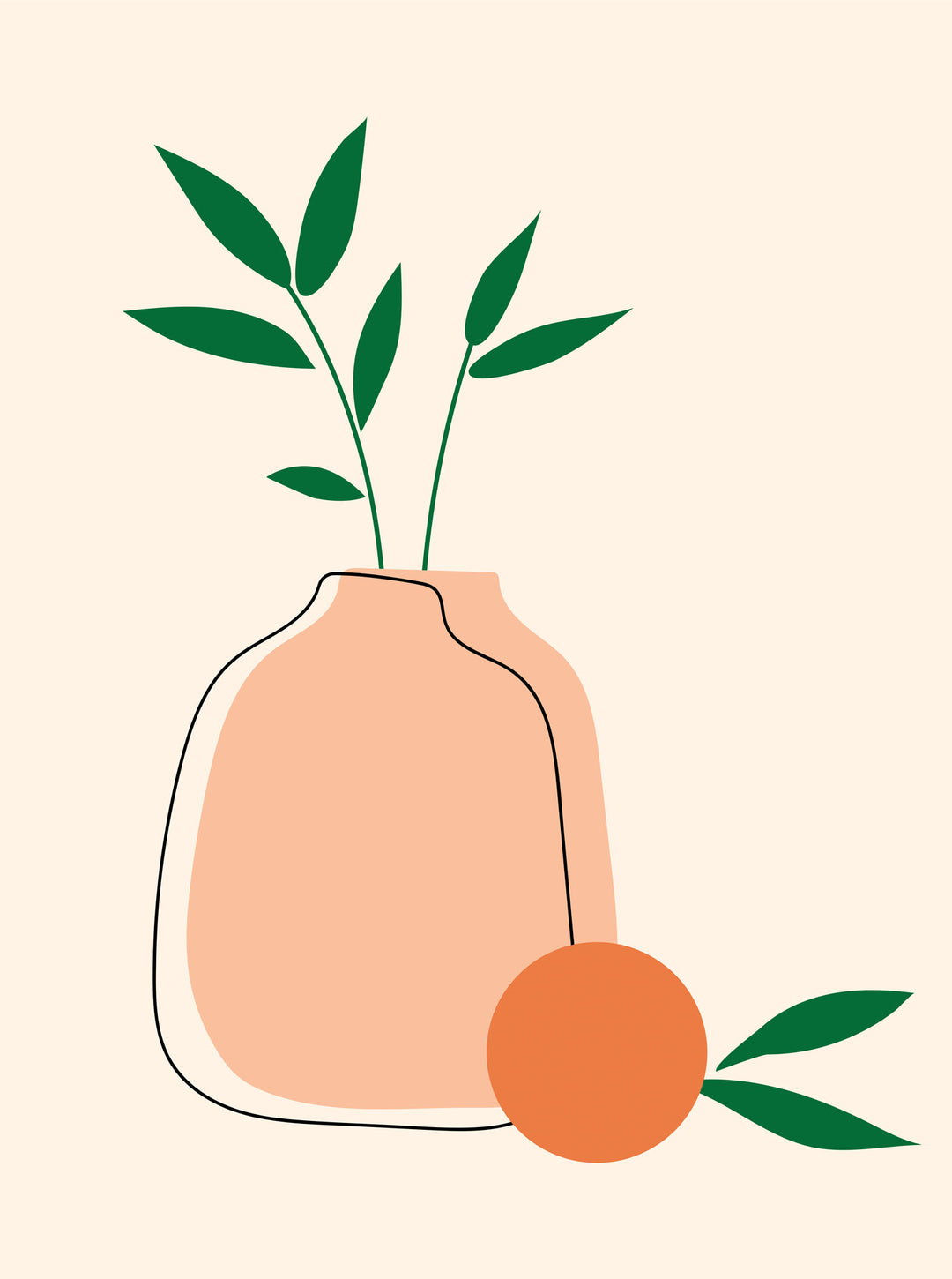 Wadi Home minimalist botanical wall art print featuring a peach vase and green foliage in a modern living room