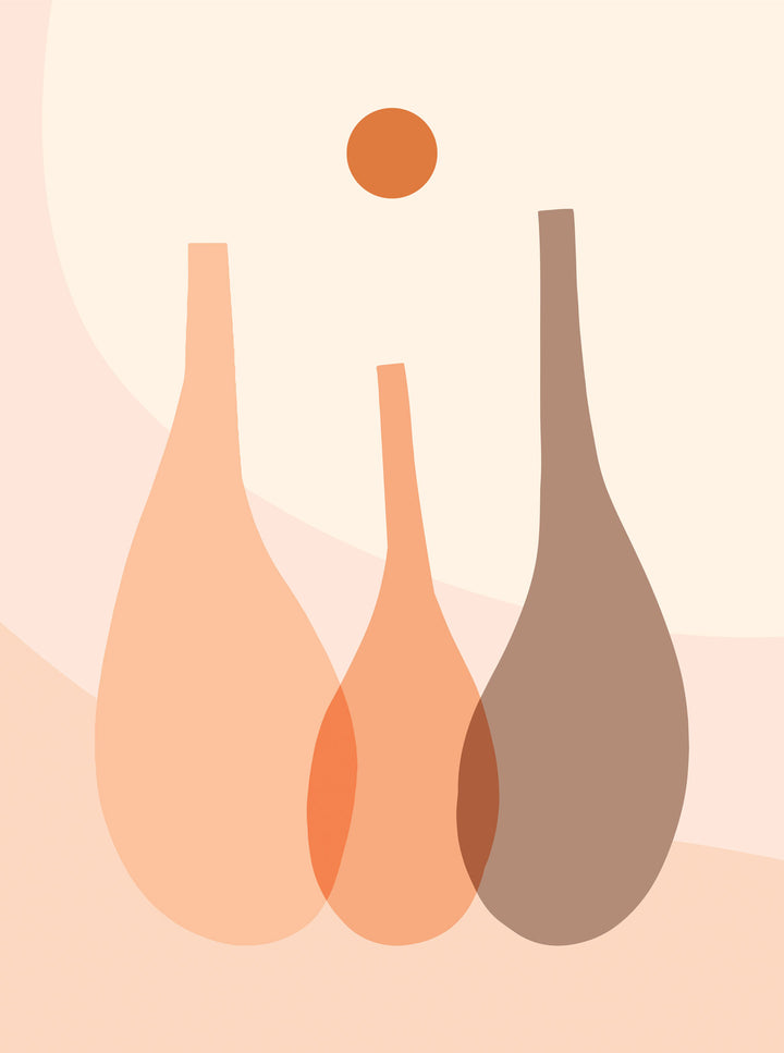 Wadi Home abstract minimalist wall art print featuring three stylized vases and a sun in peach and terracotta tones.