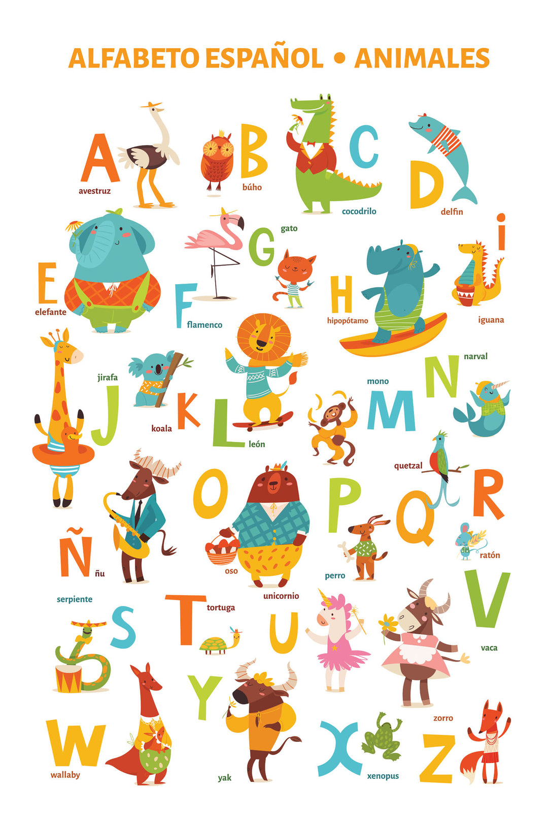 Wadi Home Spanish animal alphabet wall art poster with colorful illustrations in a modern living room setting.