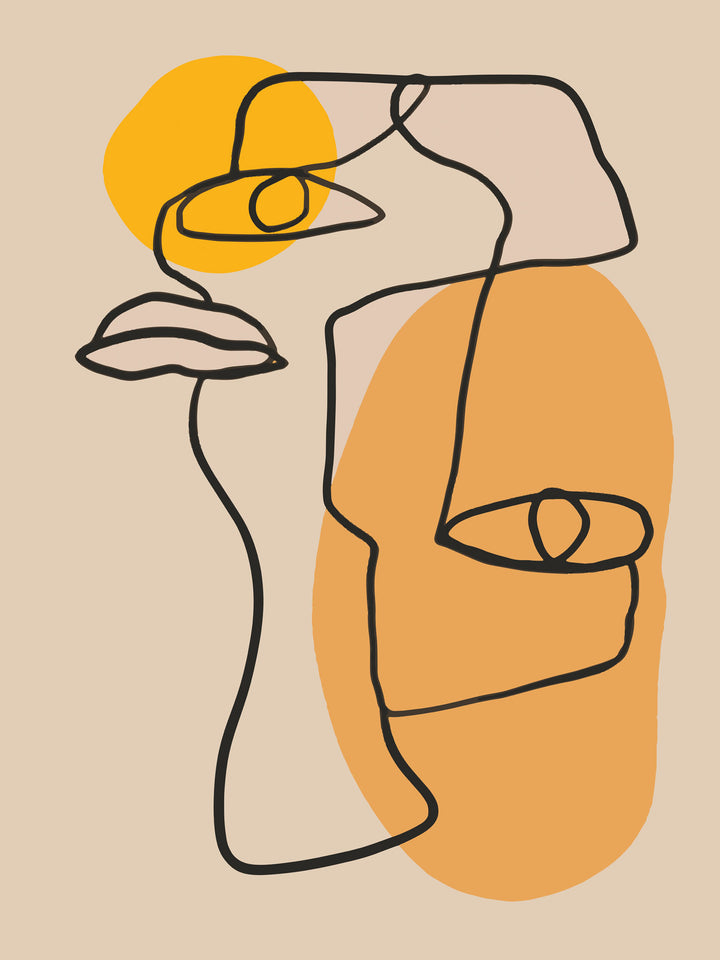 Wadi Home abstract line art wall print featuring a minimalist face in ochre and yellow on a neutral background.