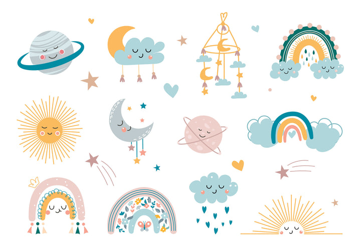 Wadi Home celestial nursery wall art featuring hand-drawn smiling suns, moons, planets, and rainbows in soft colors.