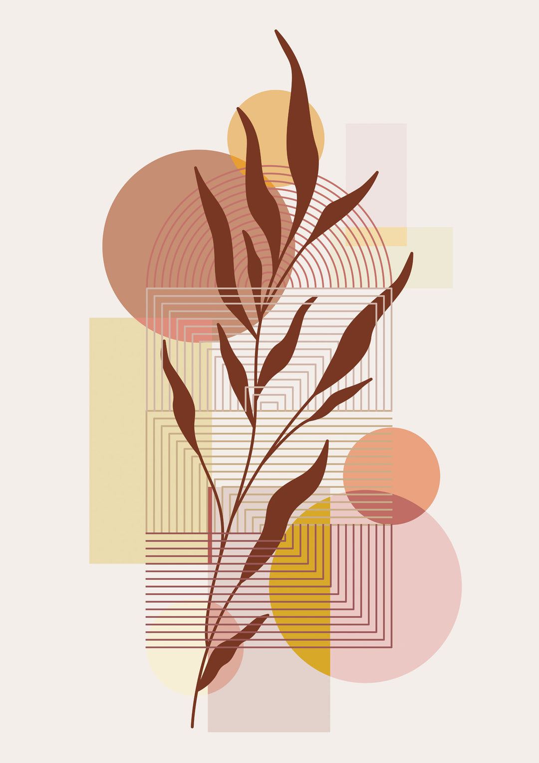 Wadi Home abstract botanical wall art print with terracotta, gold, and blush geometric shapes in a modern living room.