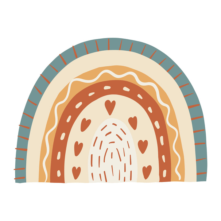 Wadi Home boho rainbow wall art print with terracotta, cream, and teal heart motifs displayed above a modern sofa.