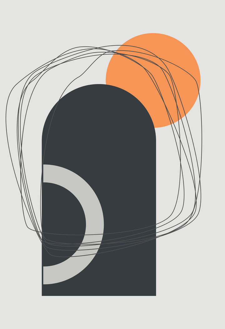 Wadi Home abstract geometric wall art print featuring charcoal arches and an orange circle in a modern living room