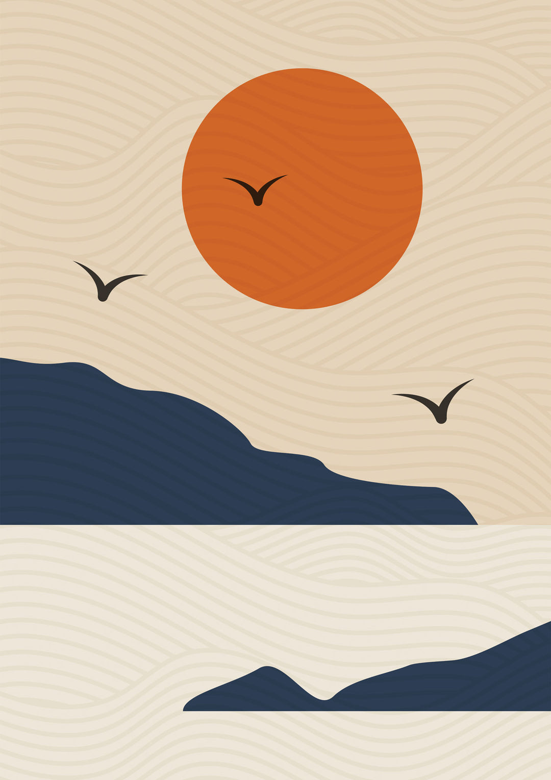 Wadi Home abstract landscape wall art print featuring a burnt orange sun and navy mountains on a cream textured background