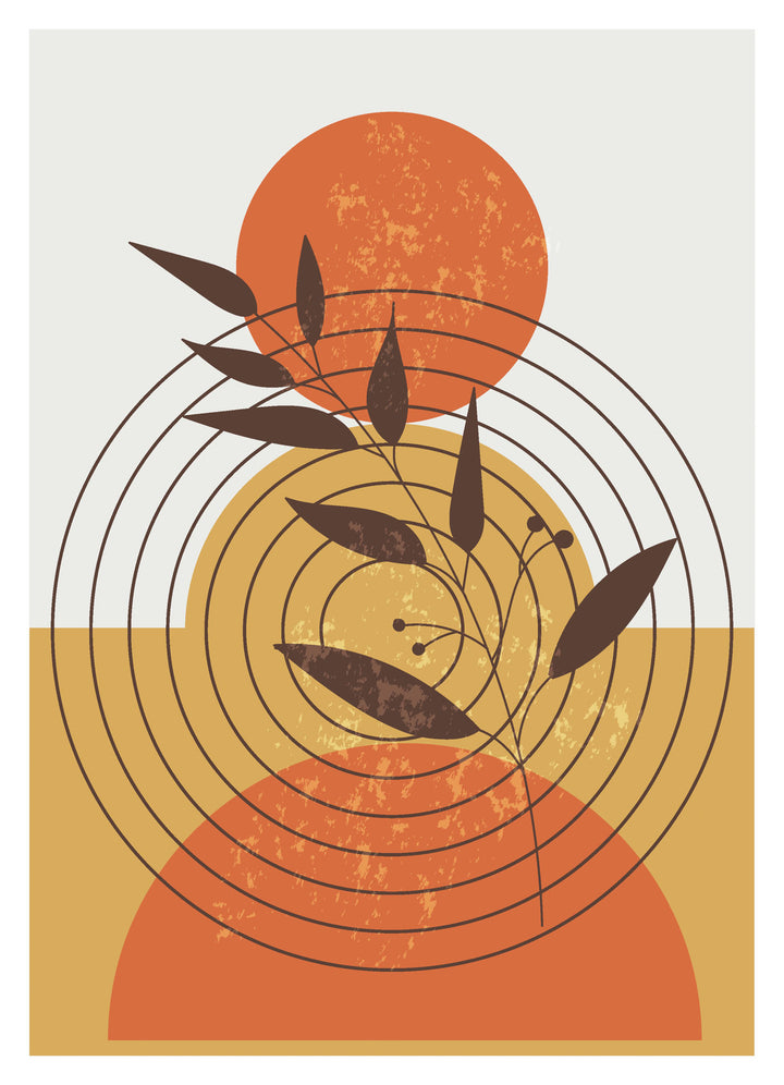Wadi Home abstract geometric botanical wall art print with burnt orange and mustard circles in a modern living room.