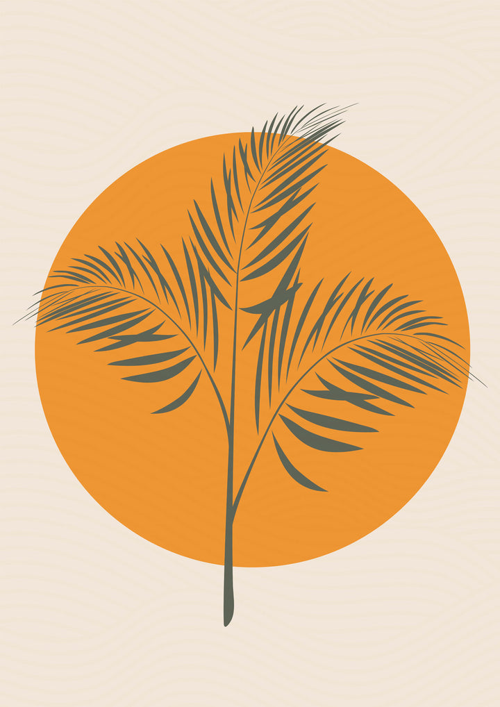 Wadi Home minimalist botanical wall art print featuring a palm leaf silhouette against a warm orange sun in a room.