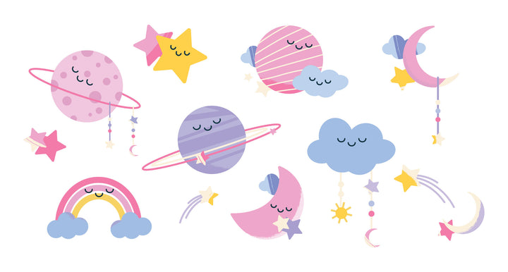 Wadi Home whimsical celestial wall art with smiling planets, moons, and stars in pastel colors in a modern living room