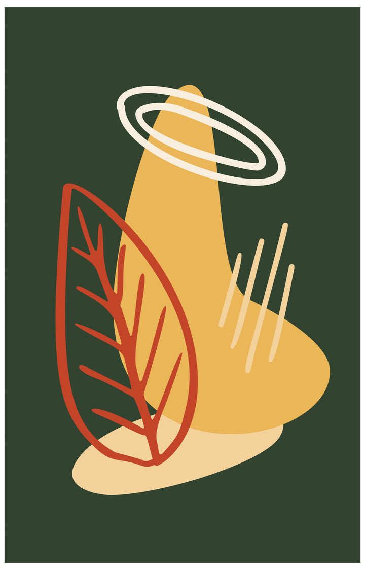 Wadi Home abstract botanical wall art print with forest green, ochre, and terracotta leaf motifs in a modern living room.