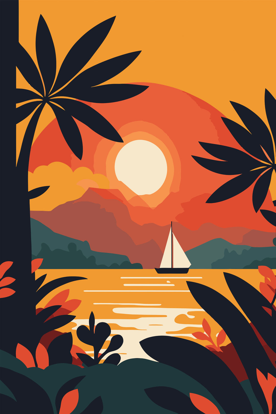 Wadi Home tropical sunset landscape wall art featuring a sailboat and palm silhouettes in a modern living room.