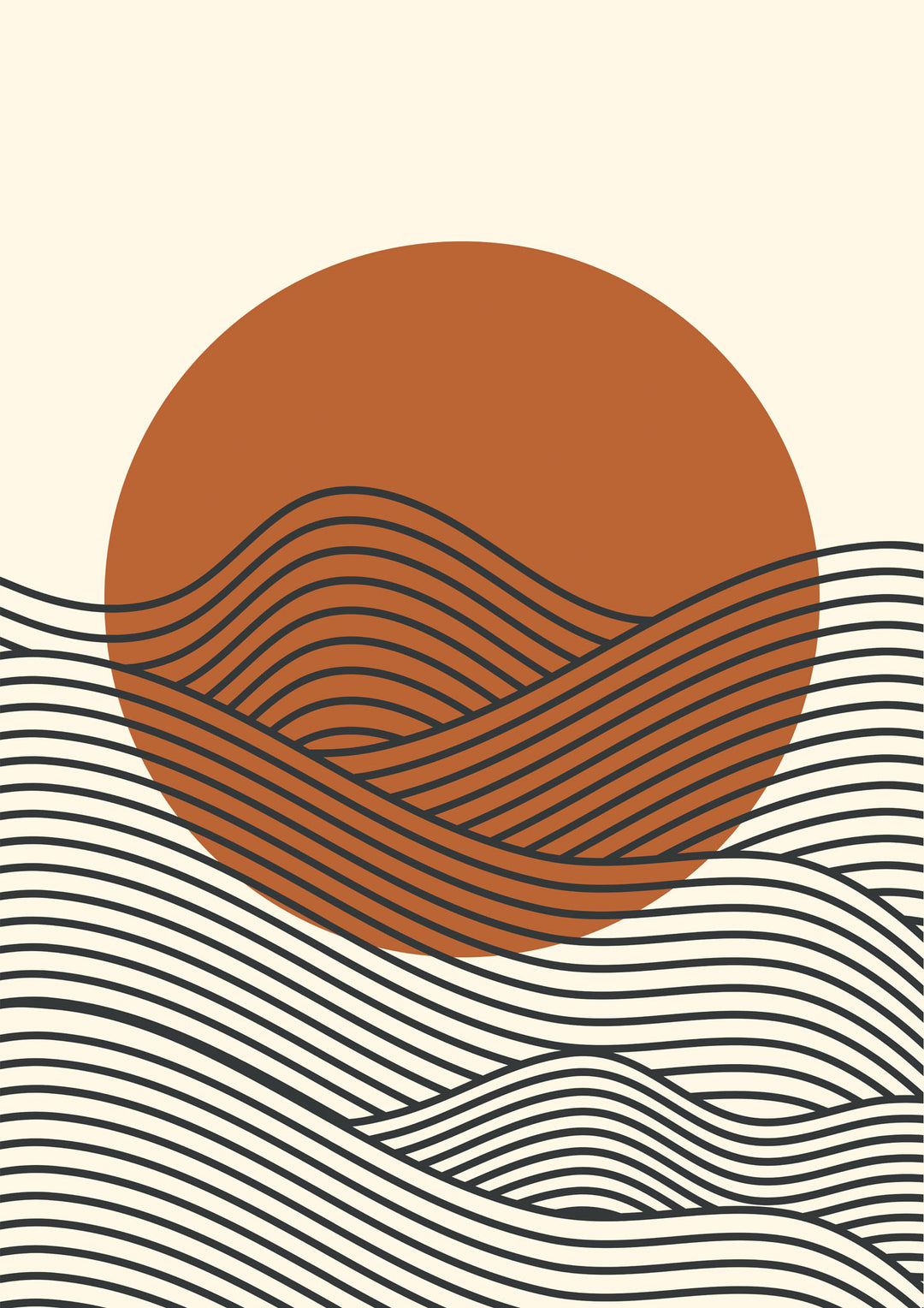 Wadi Home abstract geometric landscape wall art print with a terracotta sun and black line waves in a modern living room