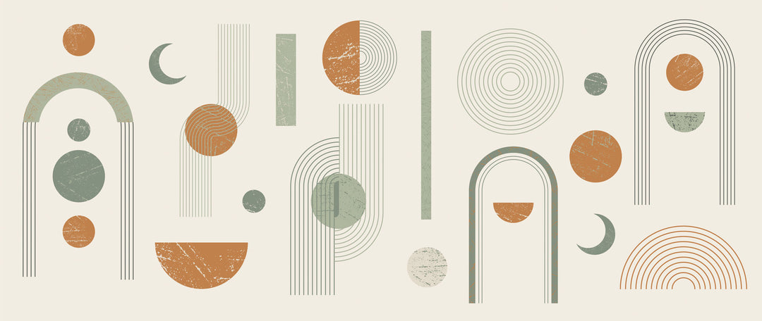 Wadi Home large abstract geometric wall art with sage green, terracotta, and cream shapes above a modern sofa.