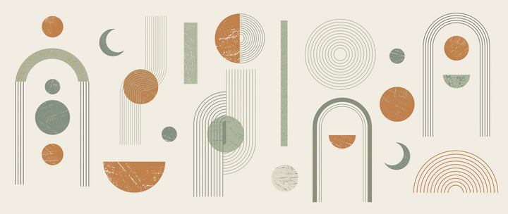 Wadi Home large abstract geometric wall art with sage green, terracotta, and cream shapes above a modern sofa.