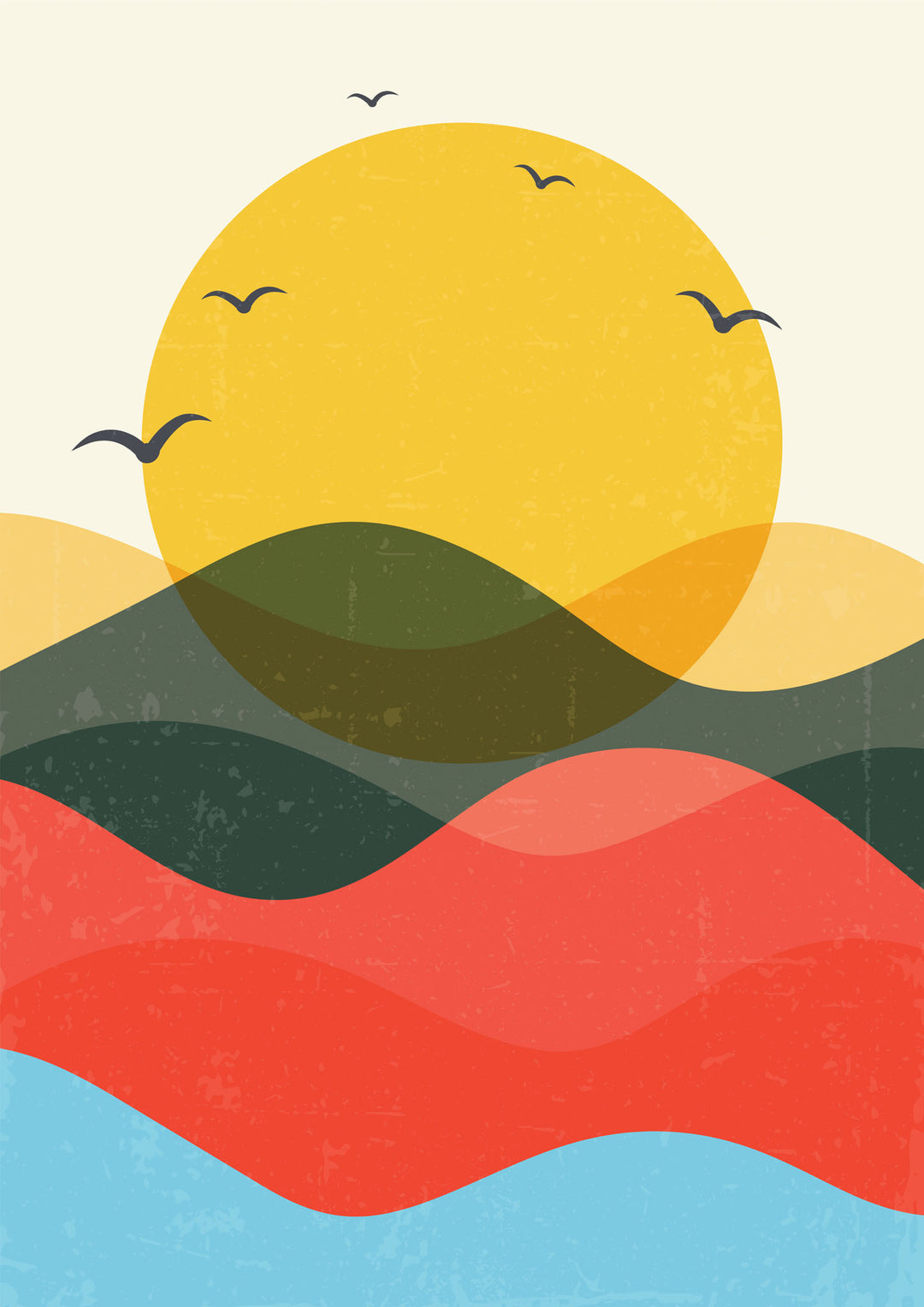 Wadi Home abstract landscape wall art featuring a golden sun over rolling hills and waves in a coastal living room.