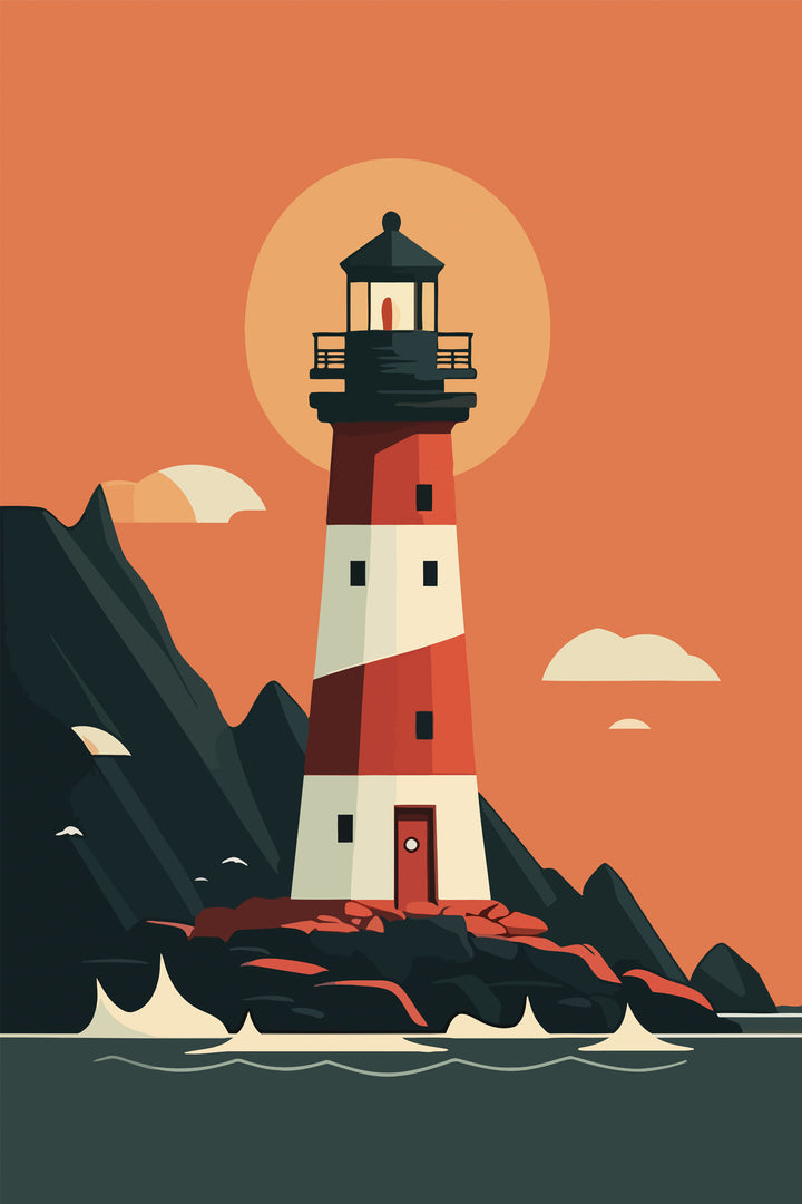 Wadi Home coastal lighthouse wall art print with red and white design, displayed in a bright, modern living room.