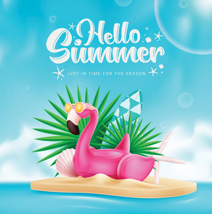 Wadi Home Hello Summer flamingo wall art print featuring a pink flamingo with sunglasses on a tropical beach background.