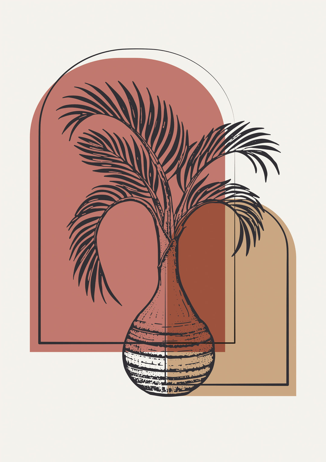 Wadi Home abstract botanical wall art print featuring a palm silhouette in a vase with terracotta and beige arches.