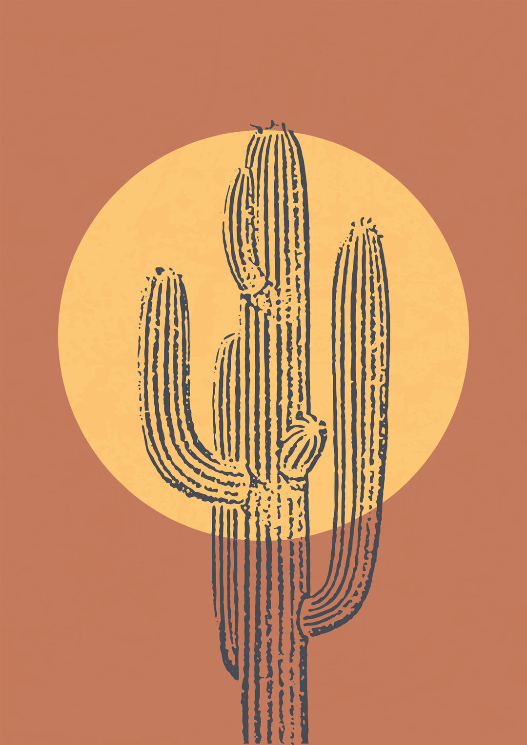 Wadi Home abstract cactus wall art print with a golden sun silhouette on a terracotta background in a modern living room