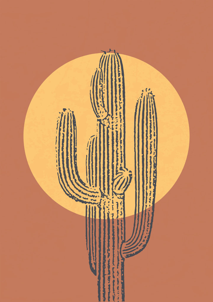 Wadi Home abstract cactus wall art print with a golden sun silhouette on a terracotta background in a modern living room