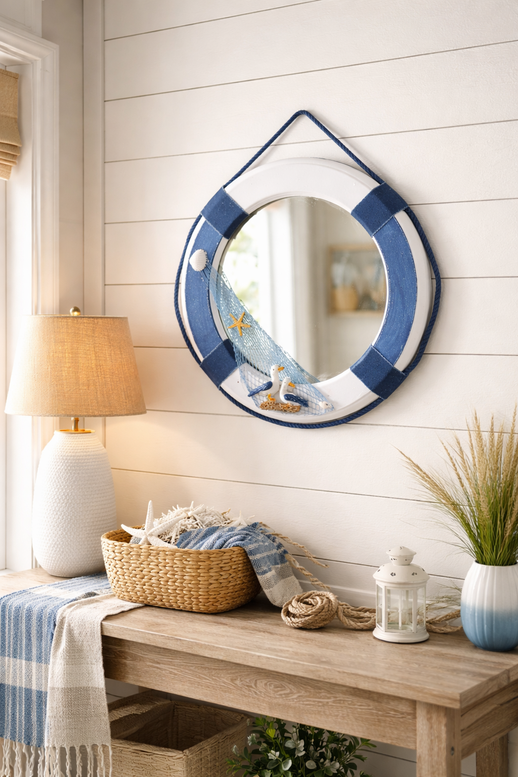 Lifebuoy mirror wall decor with seagull detail