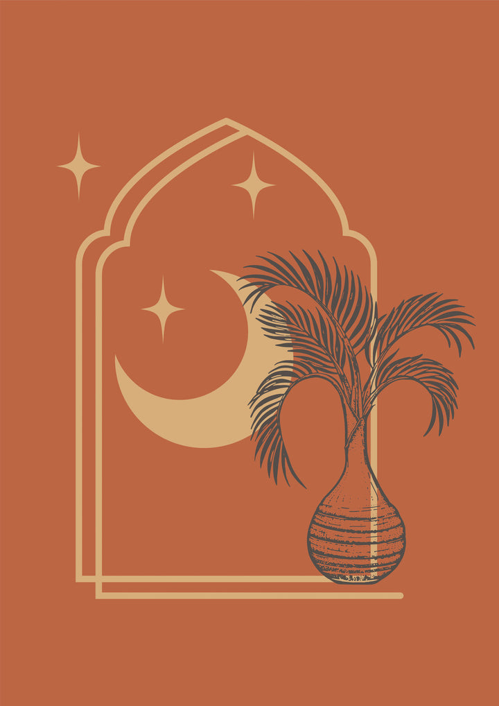 Wadi Home bohemian wall art print featuring a terracotta archway, crescent moon, and palm fronds in a cozy living room.
