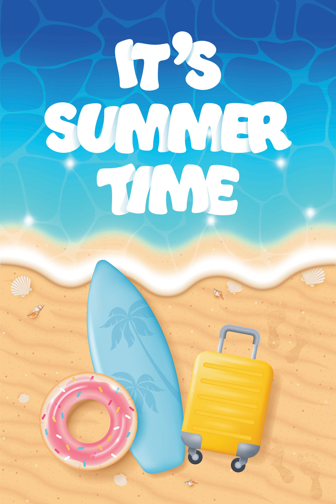 Wadi Home summer vacation wall art print featuring a surfboard, yellow suitcase, and pink floatie on a sandy beach.