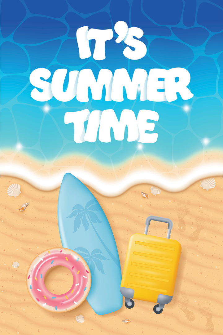 Wadi Home summer vacation wall art print featuring a surfboard, yellow suitcase, and pink floatie on a sandy beach.