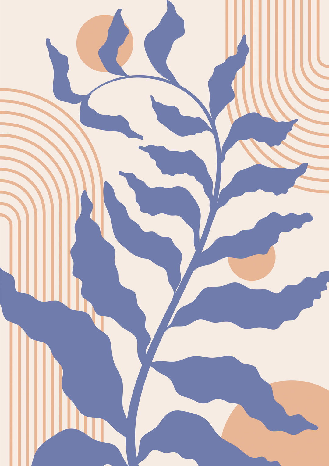 Wadi Home abstract botanical wall art print with blue leaf motif and peach geometric arches in a modern living room