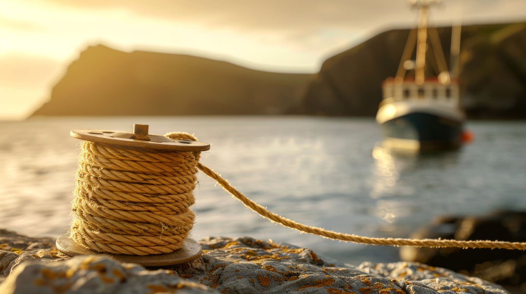 Wadi Home coastal harbor framed wall art print featuring a golden hour sunset, fishing boat, and weathered rope.