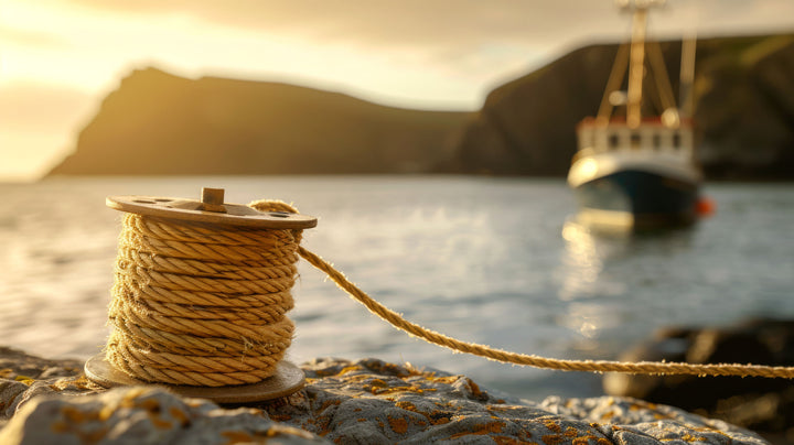 Wadi Home coastal harbor framed wall art print featuring a golden hour sunset, fishing boat, and weathered rope.
