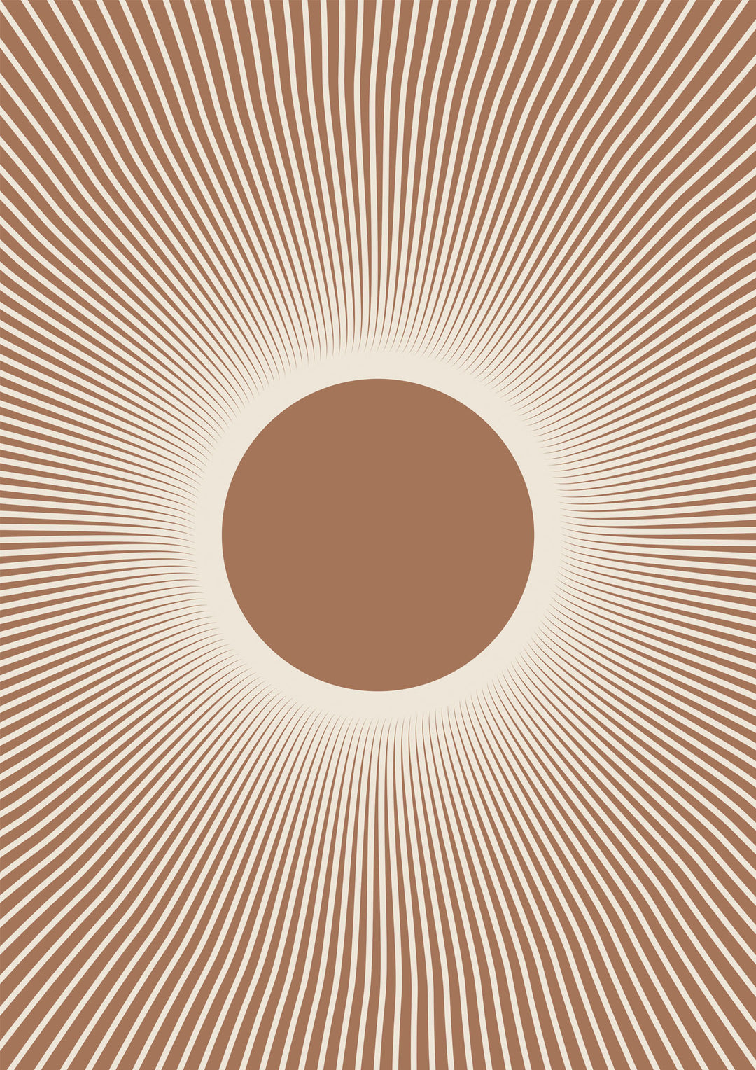 Wadi Home minimalist sunburst abstract wall art print featuring earthy brown tones in a modern living room setting.