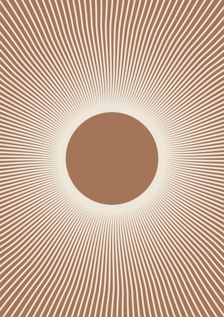 Wadi Home minimalist sunburst abstract wall art print featuring earthy brown tones in a modern living room setting.