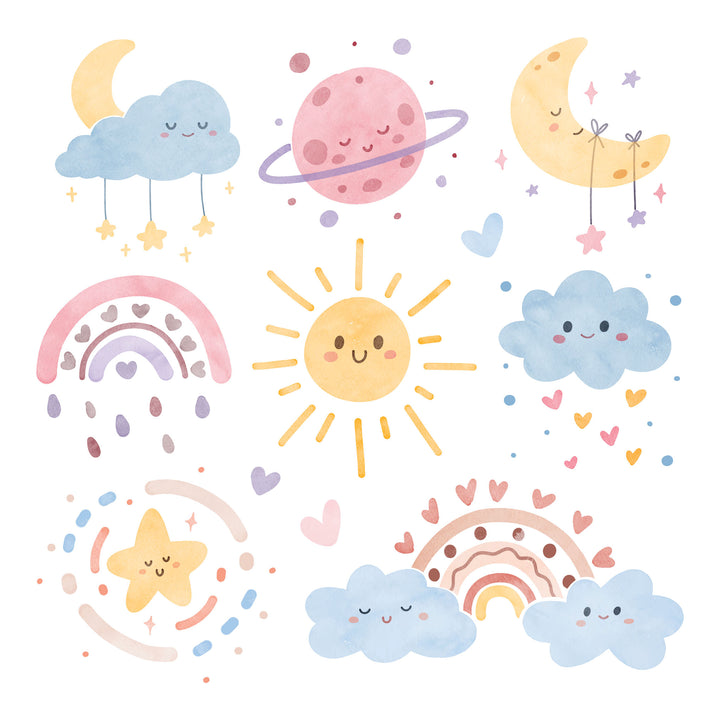 Wadi Home whimsical celestial nursery wall art print featuring smiling suns, moons, and pastel rainbows in a room.