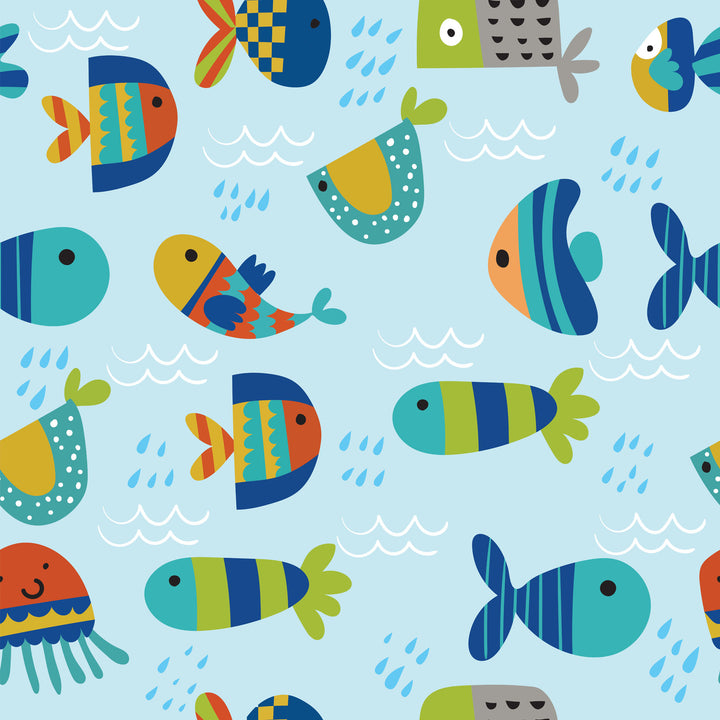 Wadi Home framed wall art featuring a playful, colorful fish pattern on a light blue background in a modern room.