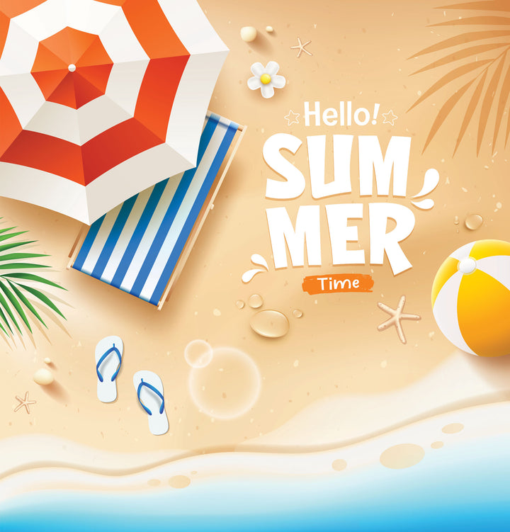Wadi Home summer beach themed wall art print featuring a striped umbrella, beach towel, and Hello Summer typography.