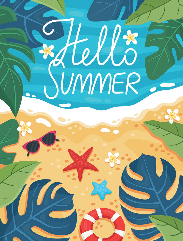 Wadi Home Hello Summer tropical beach wall art print featuring monstera leaves and beach icons in a coastal living room