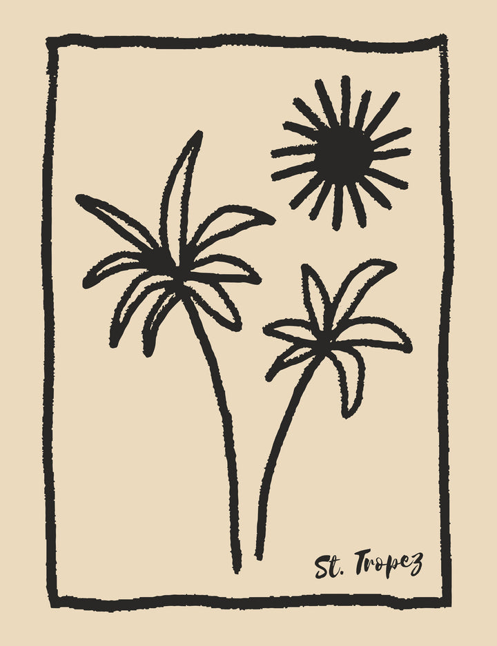 Wadi Home St Tropez palm tree framed wall art with black ink illustration on cream background in coastal living room