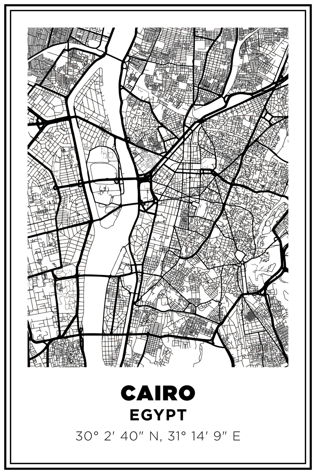 Wadi Home minimalist black and white Cairo Egypt map wall art print featuring city streets and coordinates.