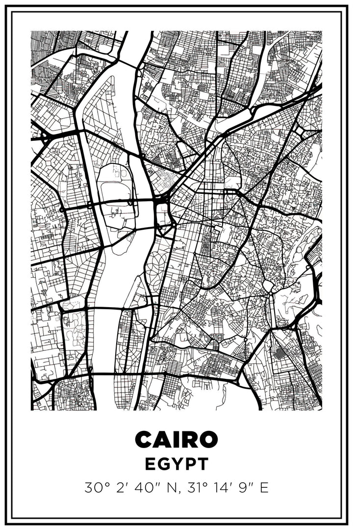 Wadi Home minimalist black and white Cairo Egypt map wall art print featuring city streets and coordinates.