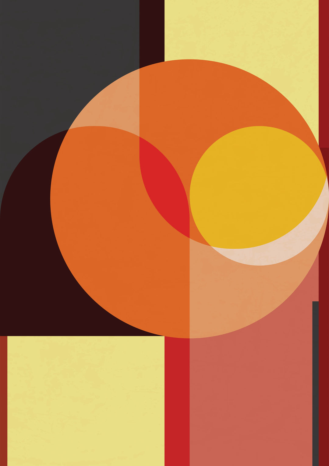 Wadi Home abstract geometric wall art print with orange, yellow, and charcoal circles in a modern living room.