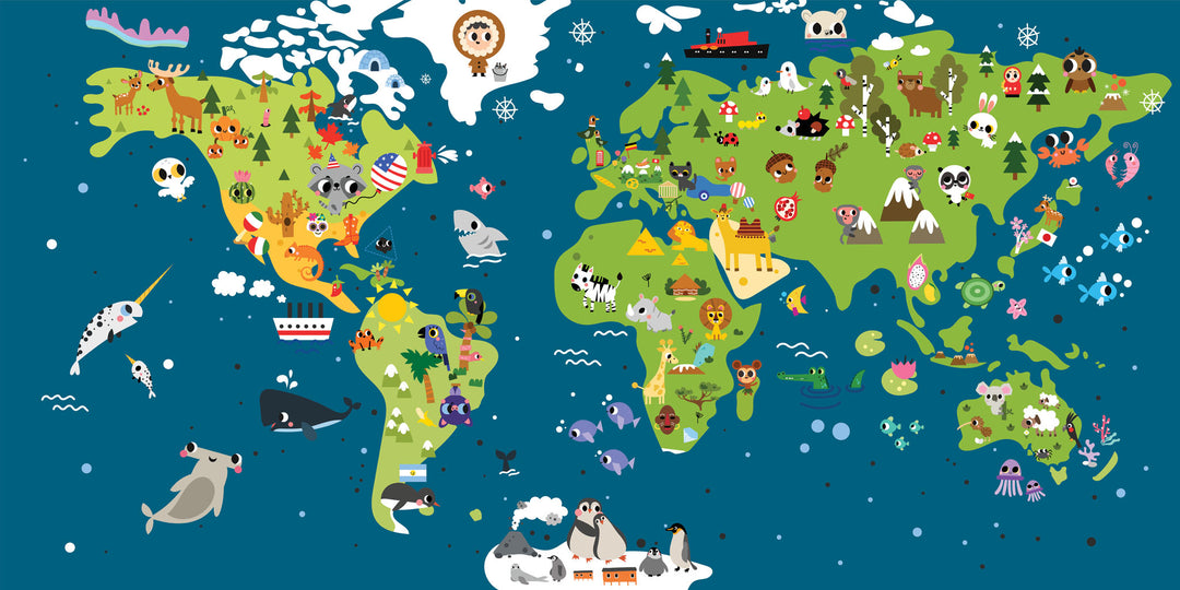 Wadi Home educational world map wall art with colorful animal illustrations hanging above a modern living room sofa.