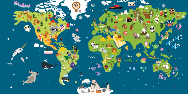 Wadi Home educational world map wall art with colorful animal illustrations hanging above a modern living room sofa.