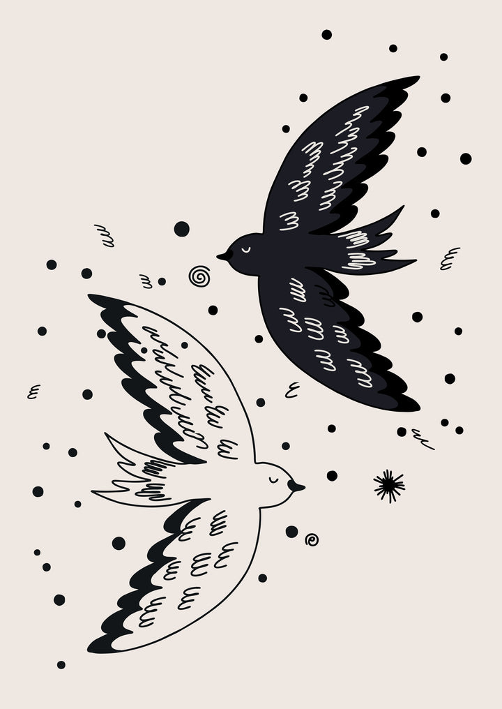 Wadi Home abstract flying birds wall art print with minimalist black and white design on a warm brown living room wall.