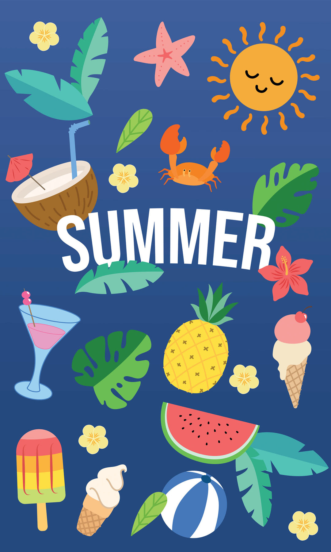 Wadi Home summer theme wall art print with tropical icons on a blue background displayed in a coastal living room.