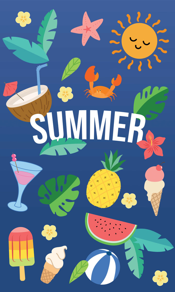 Wadi Home summer theme wall art print with tropical icons on a blue background displayed in a coastal living room.