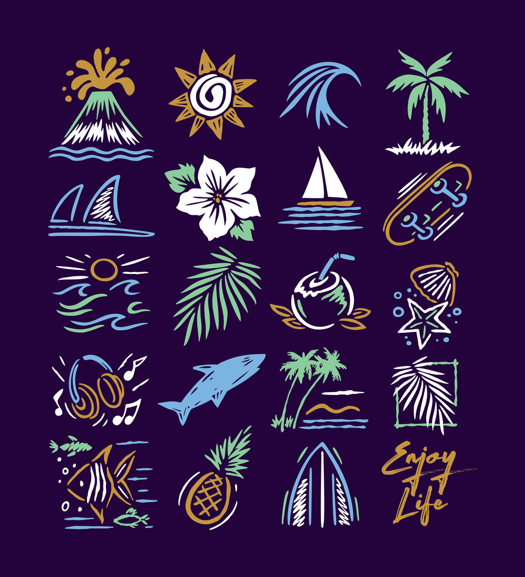 Wadi Home tropical icon wall art print with neon-style illustrations on a dark purple background in a living room.
