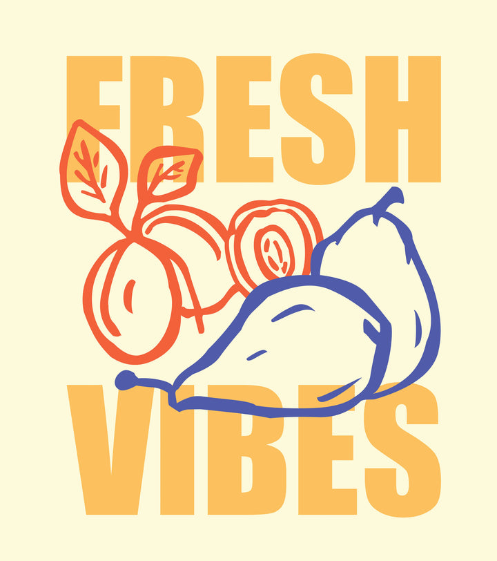 Wadi Home Fresh Vibes wall art print with stylized fruit illustrations in yellow, orange, and blue in a coastal room.