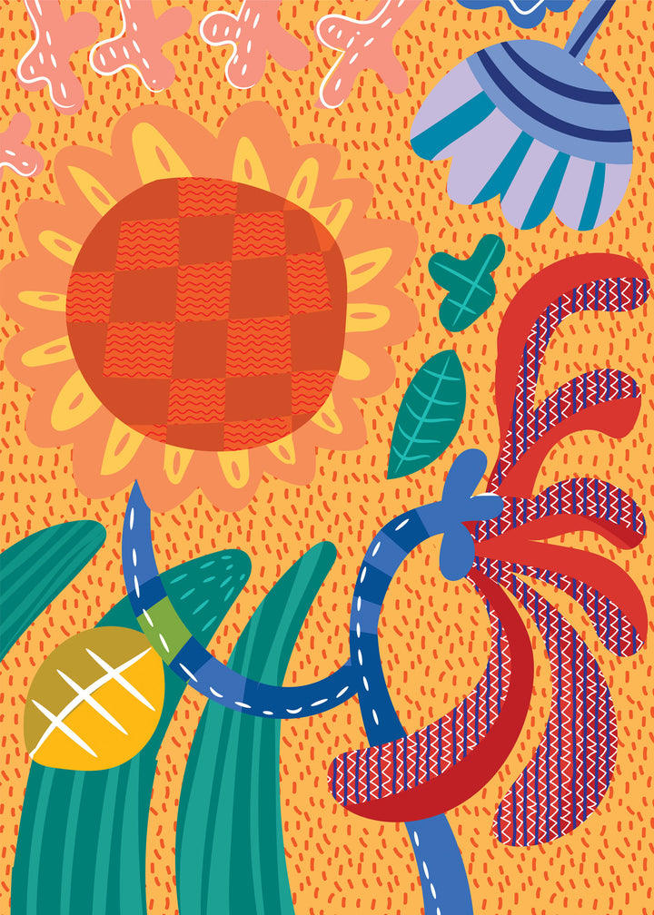 Wadi Home abstract botanical wall art print with vibrant orange, red, blue, and green floral patterns in a living room